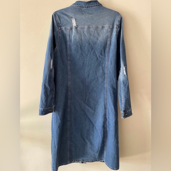 Blue Medium Wash Button-up  Midi Distressed Denim Jacket Dress - Picture 2 of 11